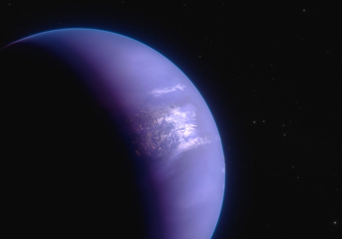 En la ilustración se aprecia con claridad el terminador de WASP-39 b, el límite entre la zona diurna y la nocturna