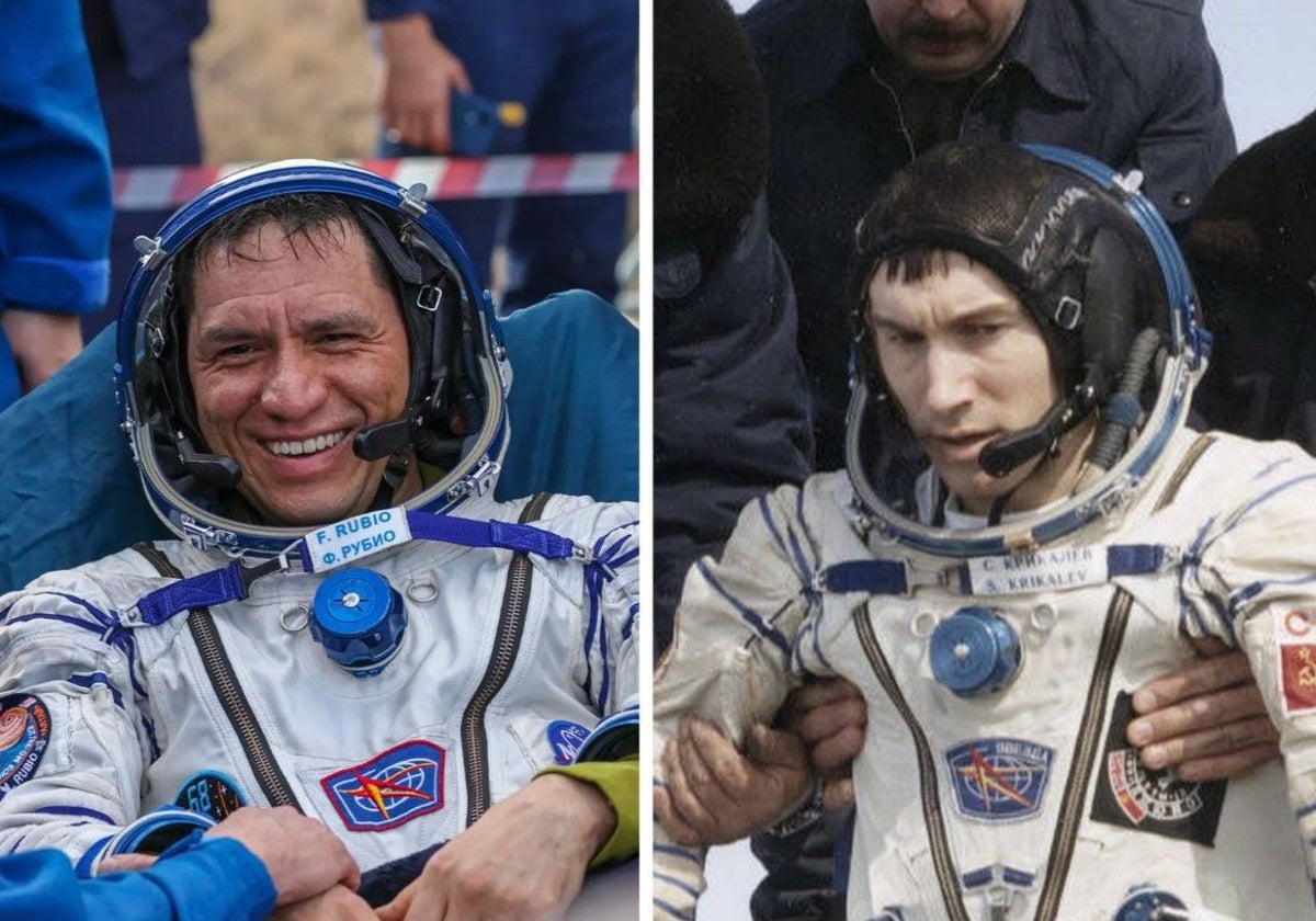 A la izquierda, el astronauta de la NASA Frank Rubio, cuya misión se extendió de seis meses a un año; a la izquierda, Serguéi Krikalev, quien vivió la caída de la URSS desde el espacio