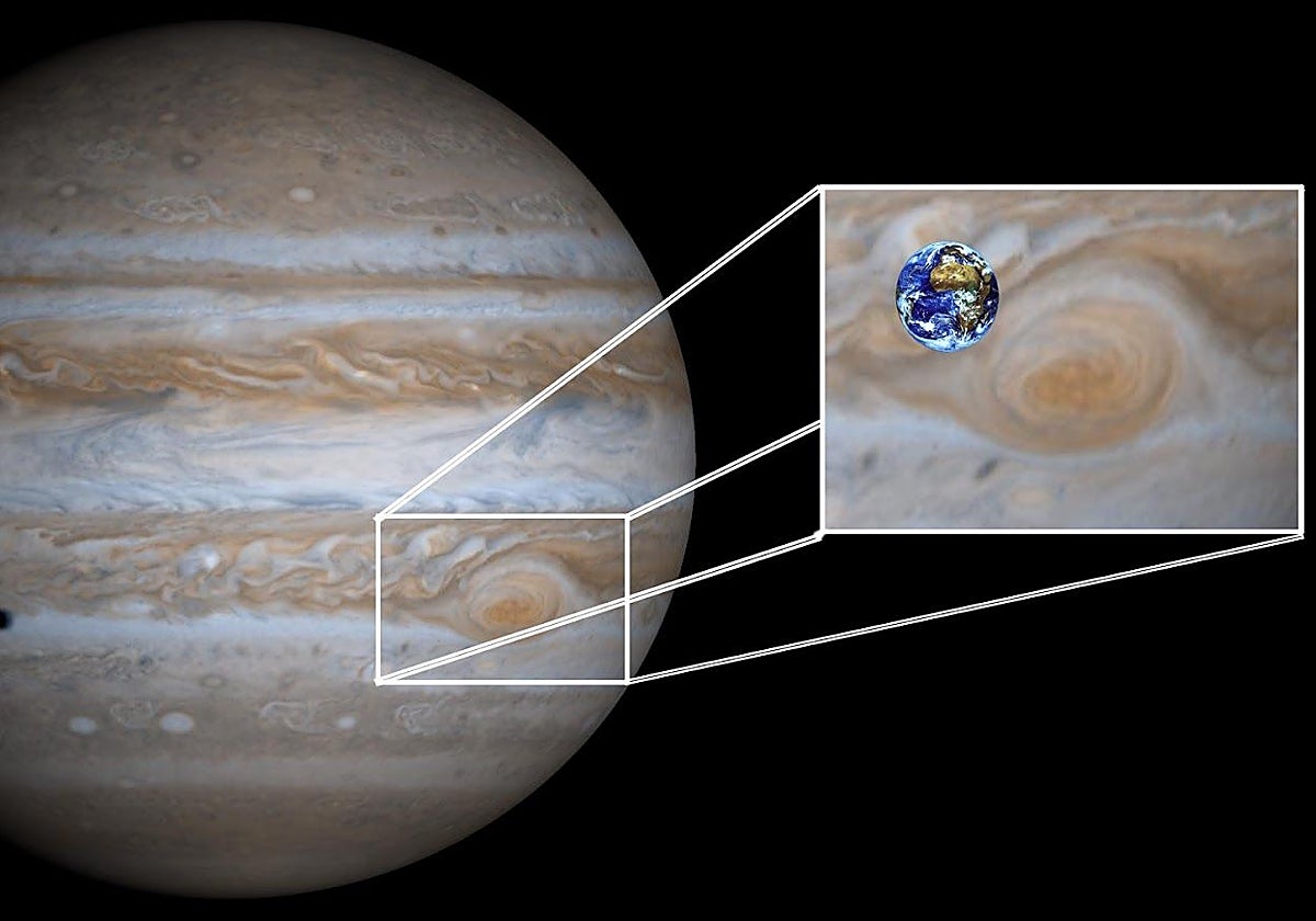 Tamaño y profundidad de la Gran Mancha Roja de Júpiter comparada con la Tierra