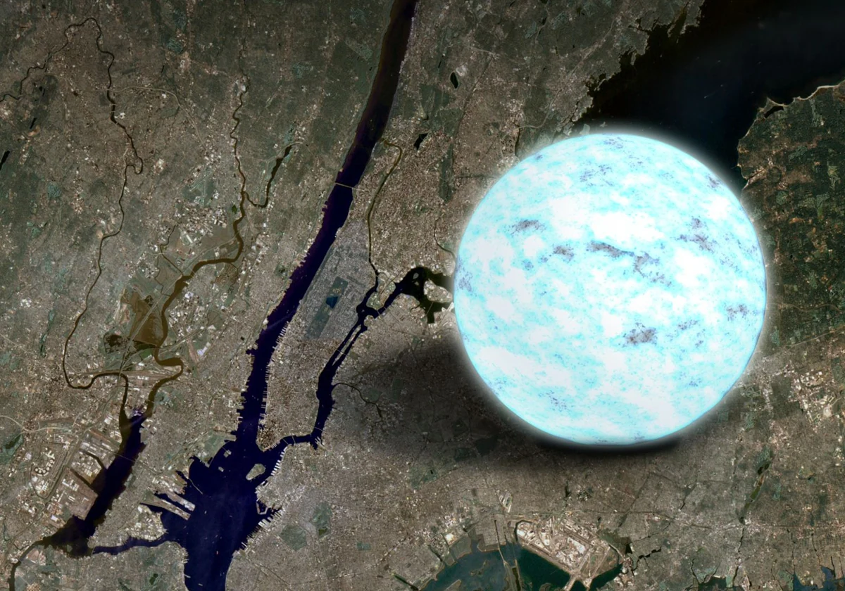 The density of the neutron star 4U 1820-30 is such that, despite its diameter of only 12 km, its mass is 1.4 times the mass of the Sun. The illustration shows a neutron star compared to Manhattan Island.