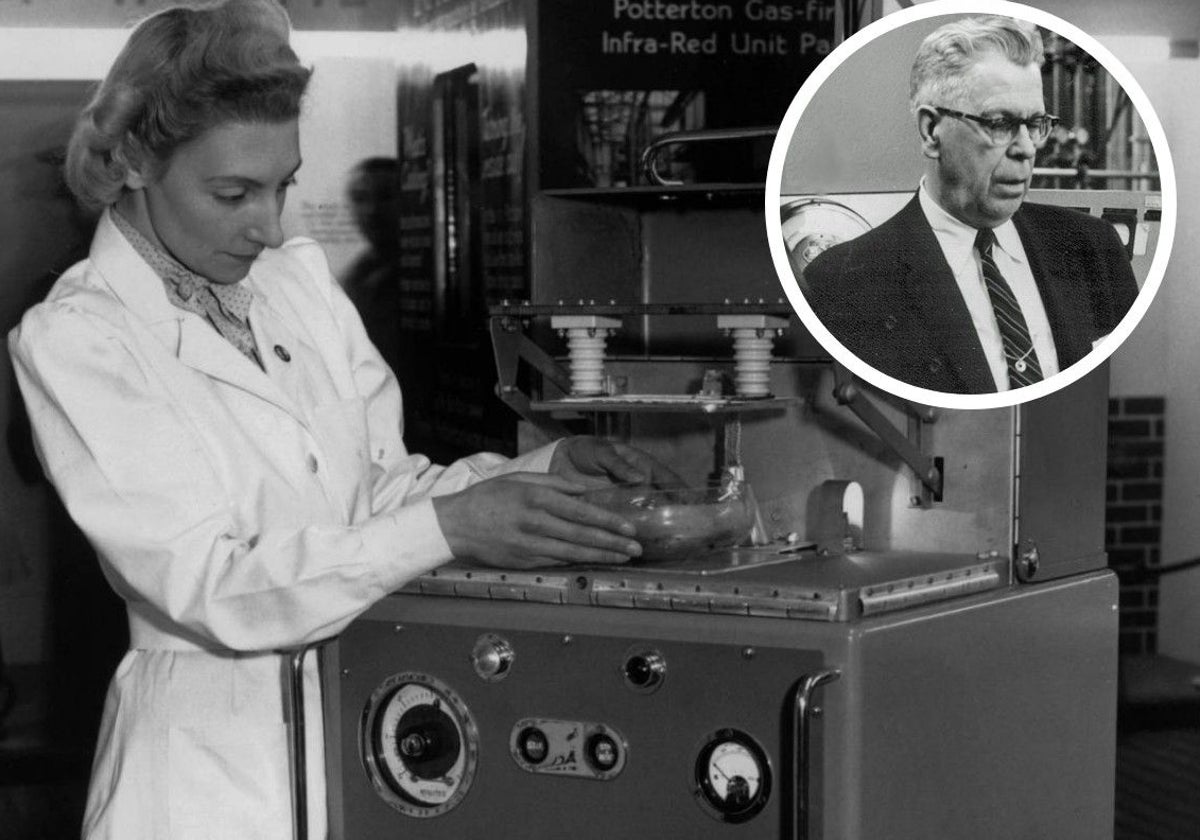 El microondas, inventado en los años 40. En el círculo, su creador, Percy Spencer