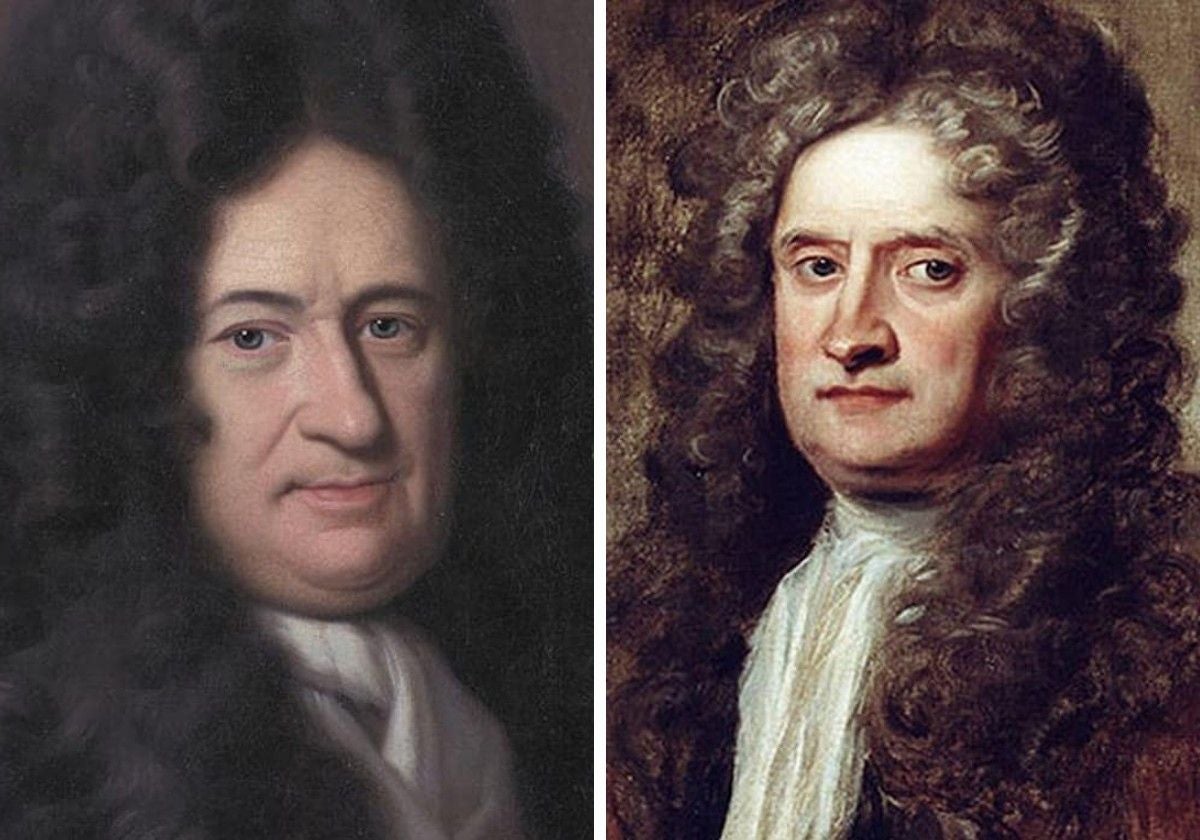 Retratos de Gottfried Leibniz e Isaac Newton