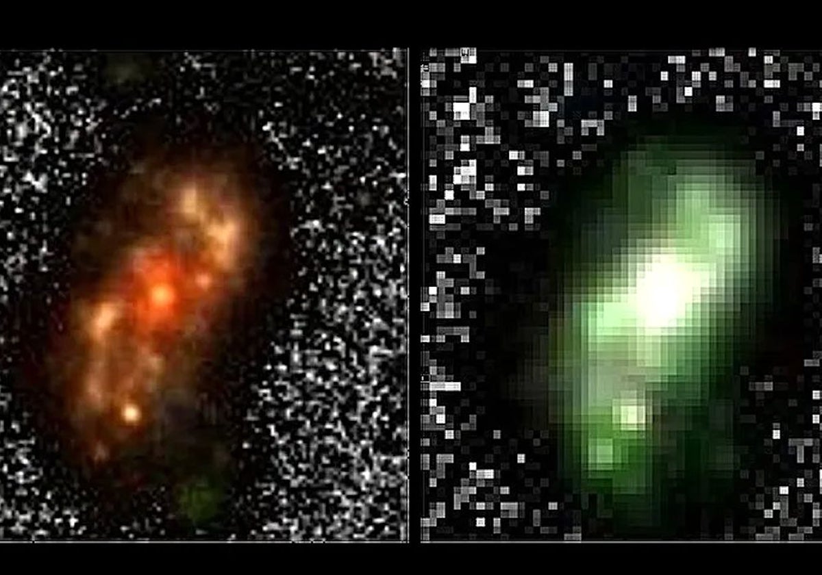 Las imágenes tomadas por el Telescopio Espacial James Webb de la galaxia A2744-GDSp-z4 muestra que tiene dos brazos espirales extendiéndose desde una barra central