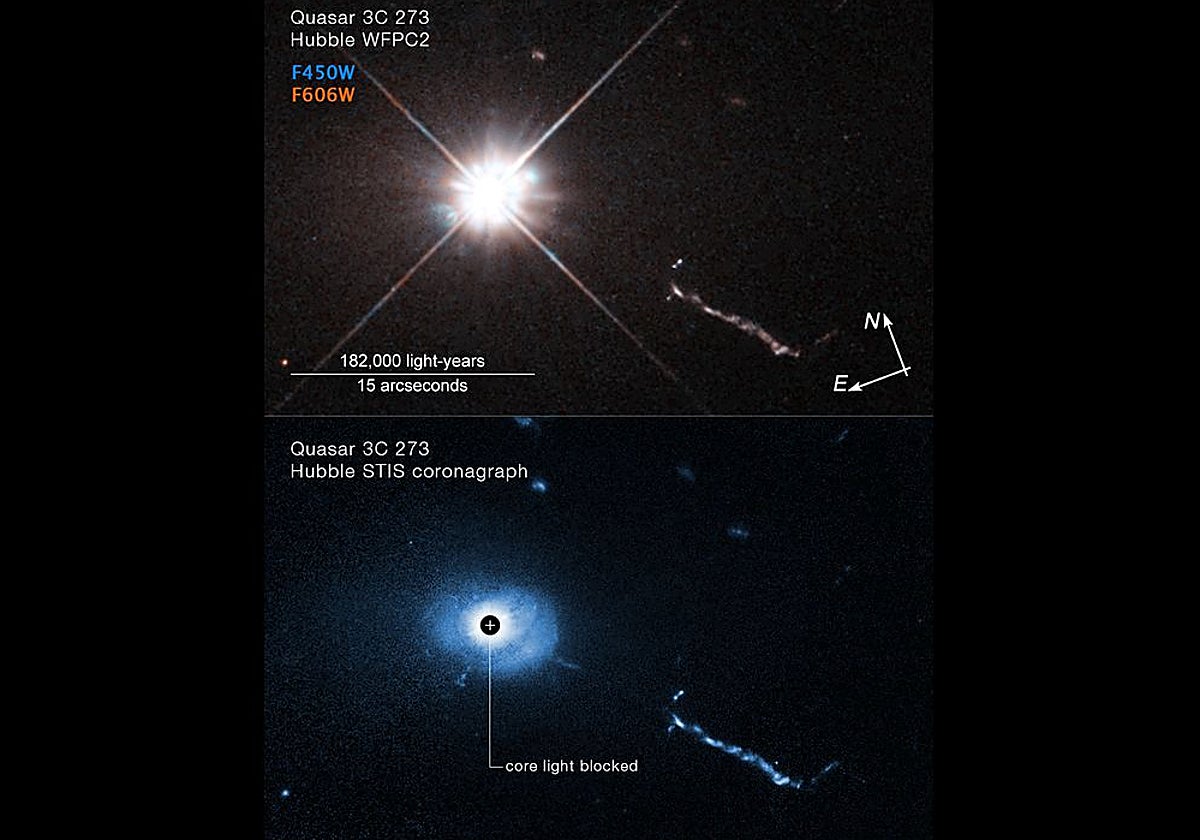Comparación de imágenes de 3C 273 obtenidas sin (arriba) y con (abajo) el coronógrafo STIS del Telescopio Espacial Hubble
