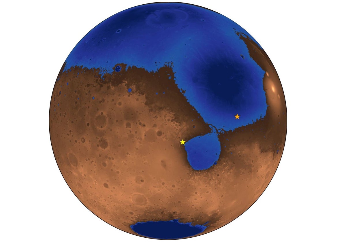 Una imagen hipotética de Marte hace 3.600 millones de años, cuando un océano podría haber cubierto casi la mitad del planeta. Las áreas azules muestran la profundidad del antiguo mar, ahora desaparecido, llamado Deuteronilus. La estrella naranja representa el lugar de aterrizaje del explorador chino Zhurong. La estrella amarilla, el del explorador Perseverance de la NASA