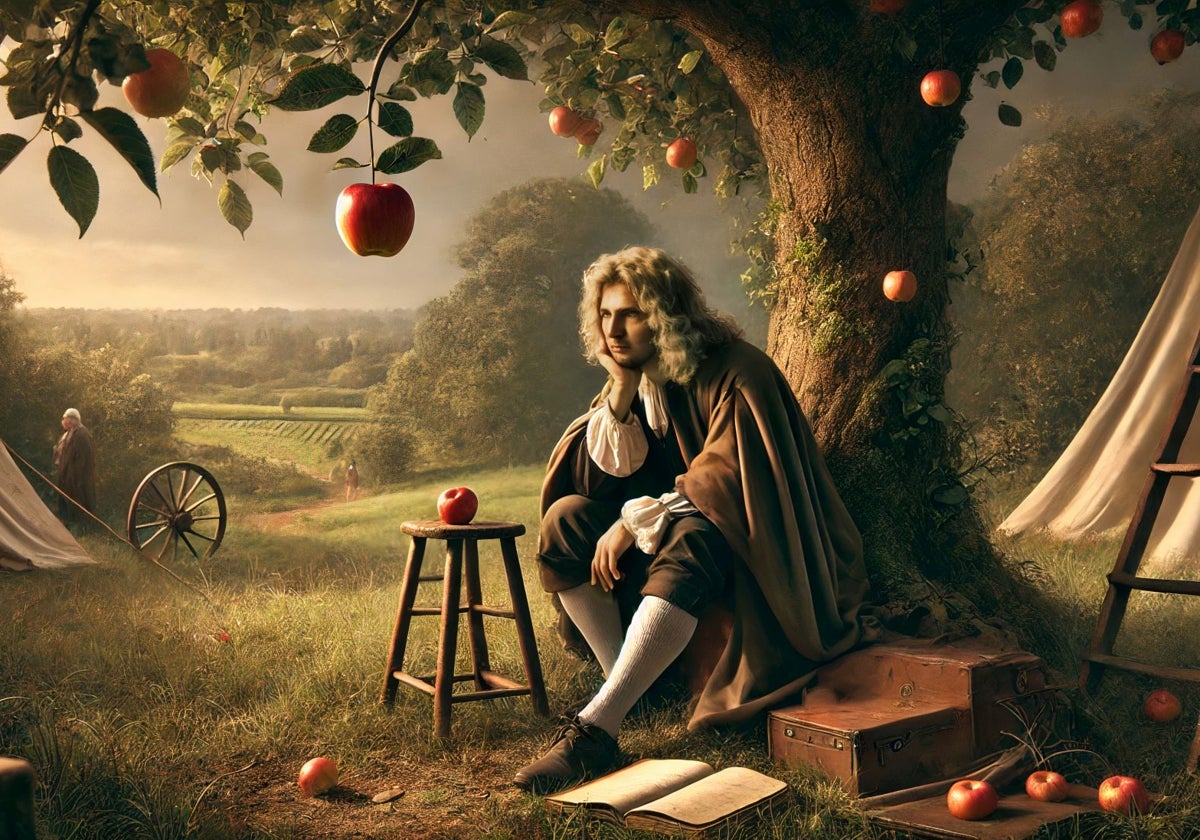 Ilustración de un pensativo Isaac Newton bajo un manzano, generada con IA