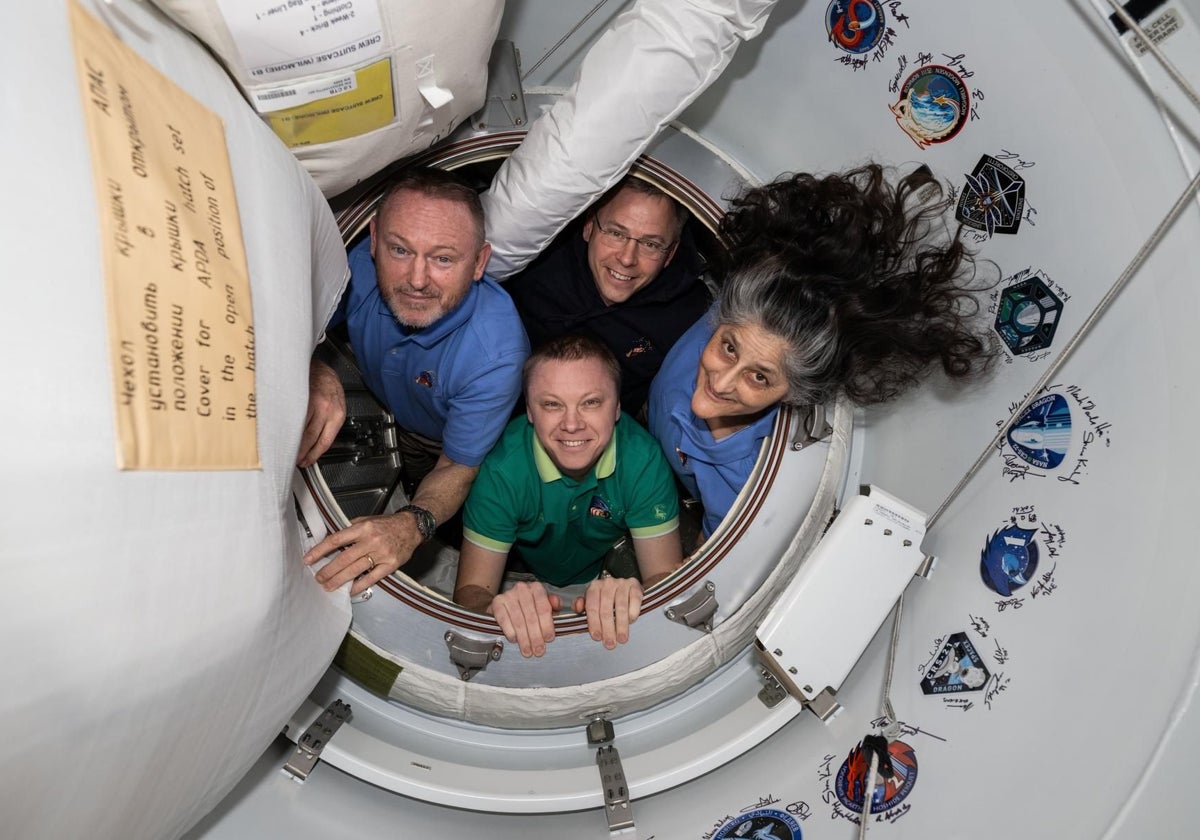 Los miembros de la Crew-9: En el sentido de las agujas del reloj, desde la izquierda, Butch Wilmore, Nick Hague, Suni Williams (NASA) y Aleksandr Gorbunovs (Roscosmos)