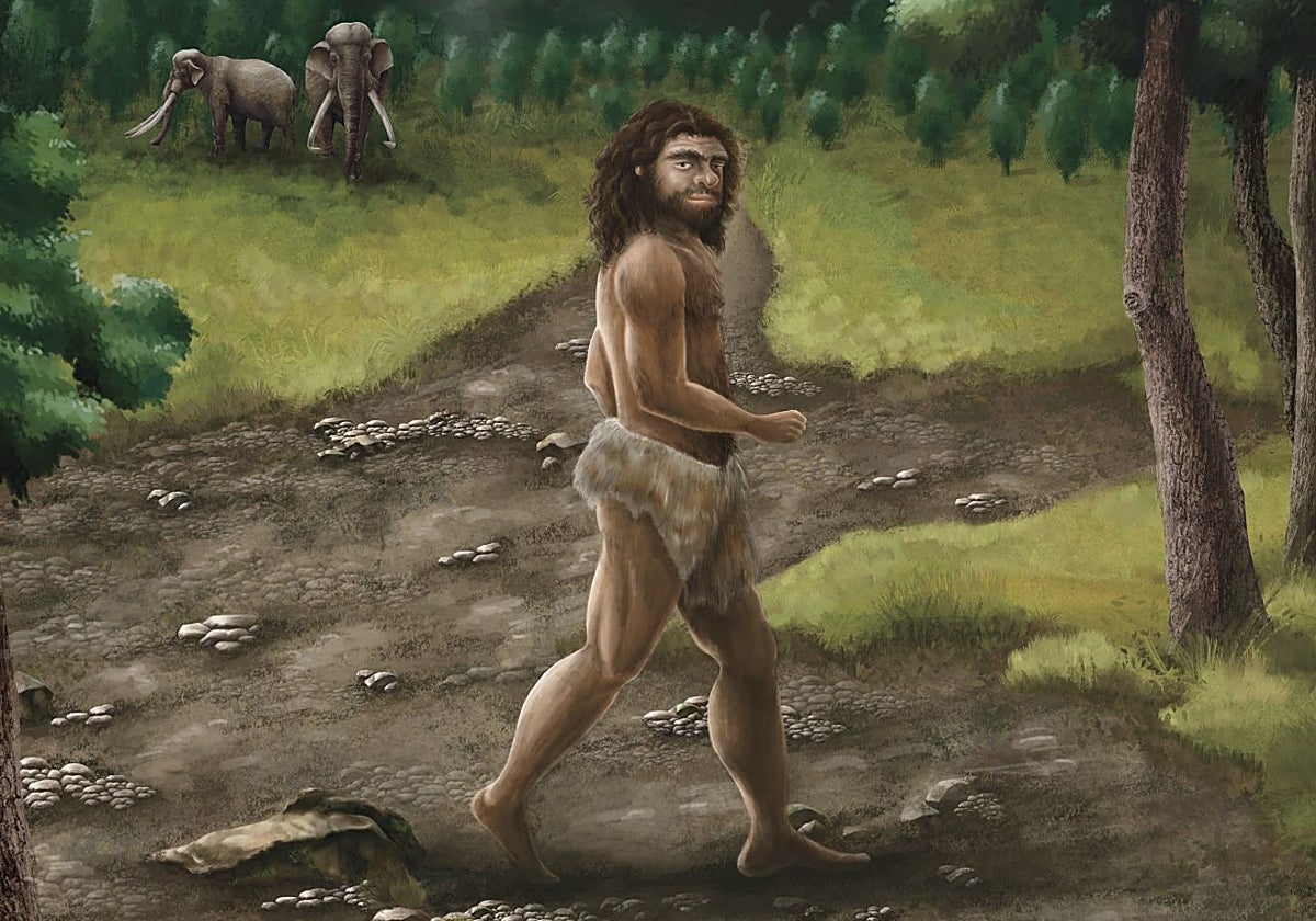 Ilustración de imagen basada en los resultados de la investigación. Un robusto macho denisovano camina bajo el brillante sol de Taiwán