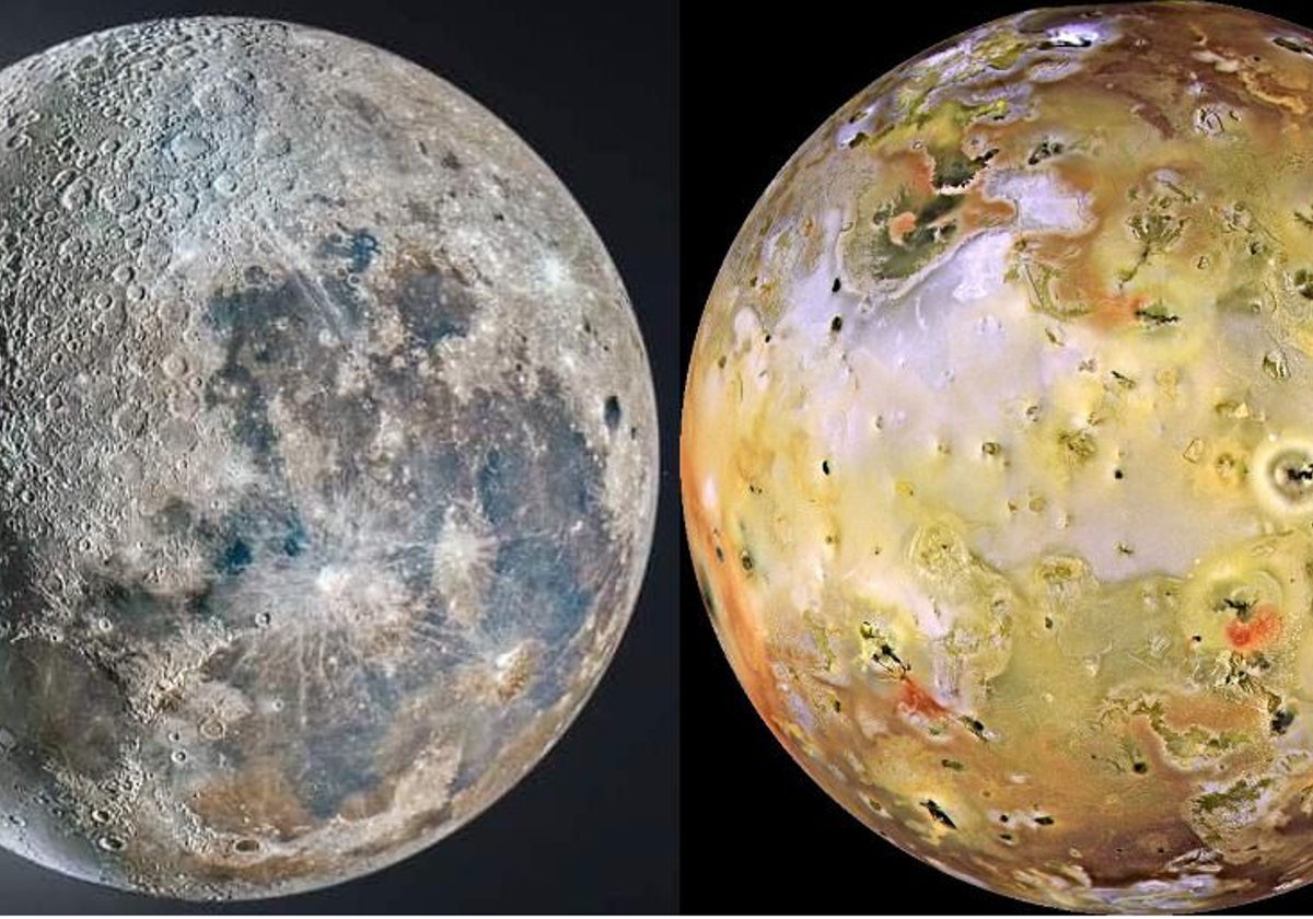Nuestra Luna, a la izquierda, se ve muy distinta a Io, uno de los satélites de Júpiter, repleto de volcanes activos. Pero no siempre fue así