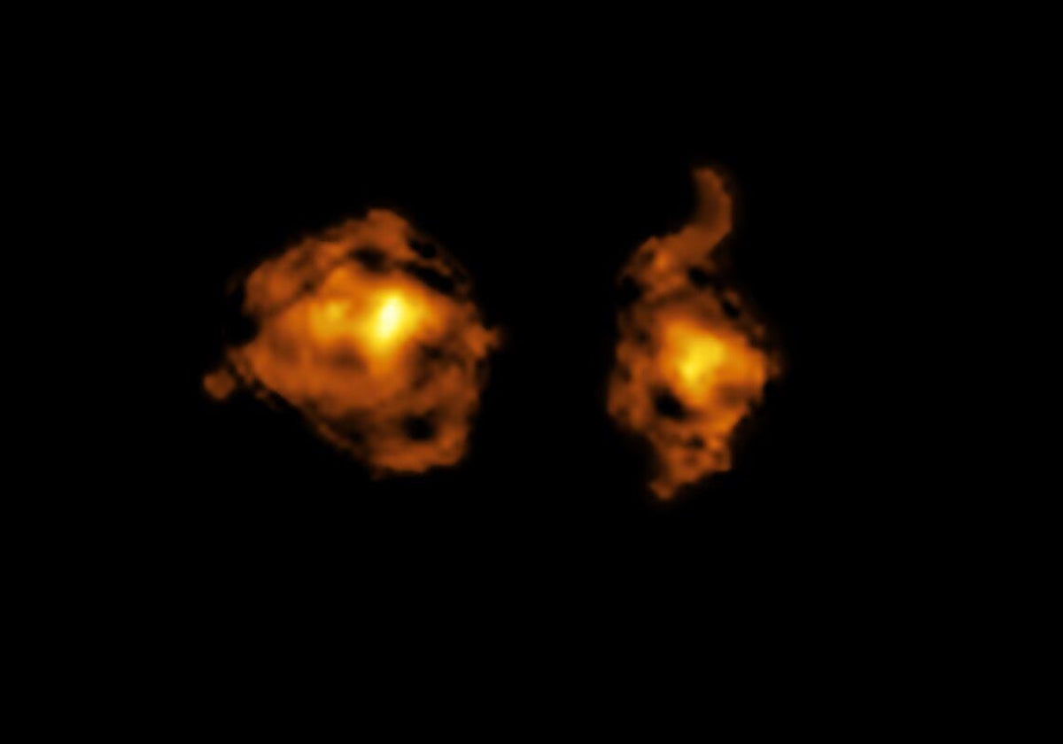 Esta imagen, tomada con el Atacama Large Millimeter/submillimeter Array ( ALMA ), muestra el contenido de gas molecular de dos galaxias involucradas en una colisión cósmica. La de la derecha alberga un cuásar, un agujero negro supermasivo que acrecienta material de su entorno y libera radiación intensa directamente hacia la otra galaxia