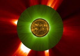 La corona interna del Sol se ve verdosa, como la percibiría el ojo humano durante un eclipse a través de un filtro verde, en esta imagen tomada el 23 de mayo por el coronógrafo ASPIICS a bordo de Proba-3