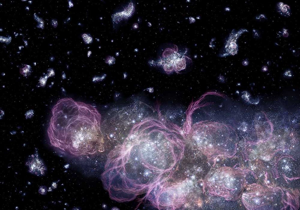 En la ilustración, cómo se supone que se formaron las primeras estrellas, apenas 100 millones de años después del Big Bang, cuando densas regiones de hidrógeno y helio colapsaron bajo su propia atracción gravitatoria. Cuando la presión y el calor crecieron lo suficiente, los átomos de hidrógeno empezaron a fusionarse, liberando energía en forma de luz