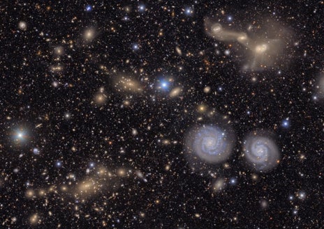 Secondary Image 1 - Above, the first images of the Trifid and Lagoon Nebulae captured by the Vera C. Rubin Observatory. This image combines 678 separate images taken in just over seven hours of observing time. Below left, a section of the full view of the Virgo Cluster taken by the NSF-DOE Vera C. Rubin Observatory. Two prominent spiral galaxies (lower right), three merging galaxies (upper right), several distant galaxy groups, and many Milky Way stars can be seen. Below right, another section of the Virgo Cluster.