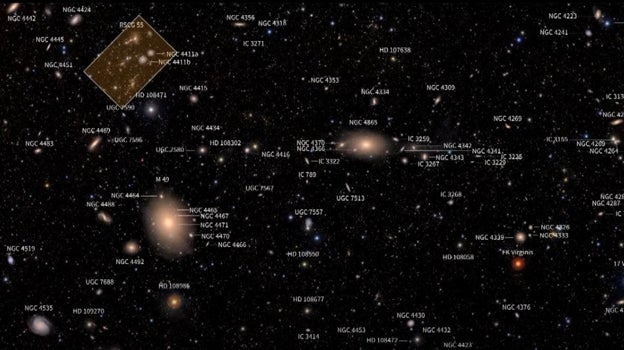 Imagen después - En el antes, la imagen completa del Rubin sin nombres; en el después, las galaxias y cúmulos nombrados (los puntos de luz que no tienen nombres son zonas inexploradas por los telescopios actuales