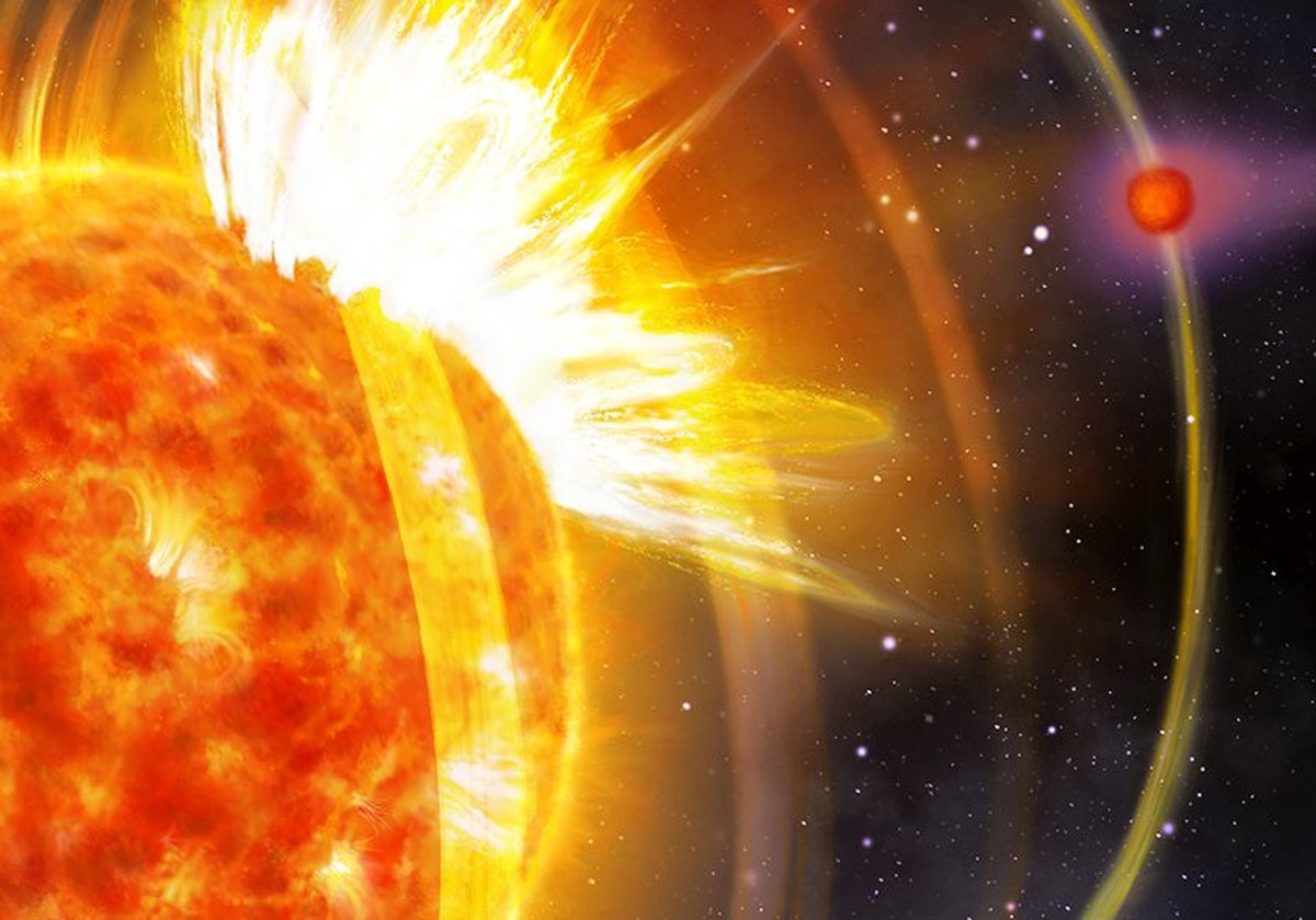 En la ilustración el planeta HIP 67522 b envía una onda de energía hacia su estrella a través de sus líneas del campo magnético. Cuando la onda se encuentra con el final de la línea del campo magnético en la superficie estelar, desencadena una llamarada masiva de energía