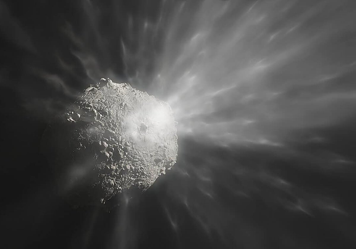 En la ilustración, la eyección de escombros del asteroide Dimorphos tras el impacto de la misión DART contra su superficie en 2022