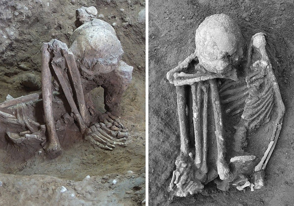 A la izquierda, momia de un varón de hace más de 9.000 años excavada en Huiyaotian (Guangxi, China). A la derecha, mujer momificada en el yacimiento de Liyupo, en el sur de China