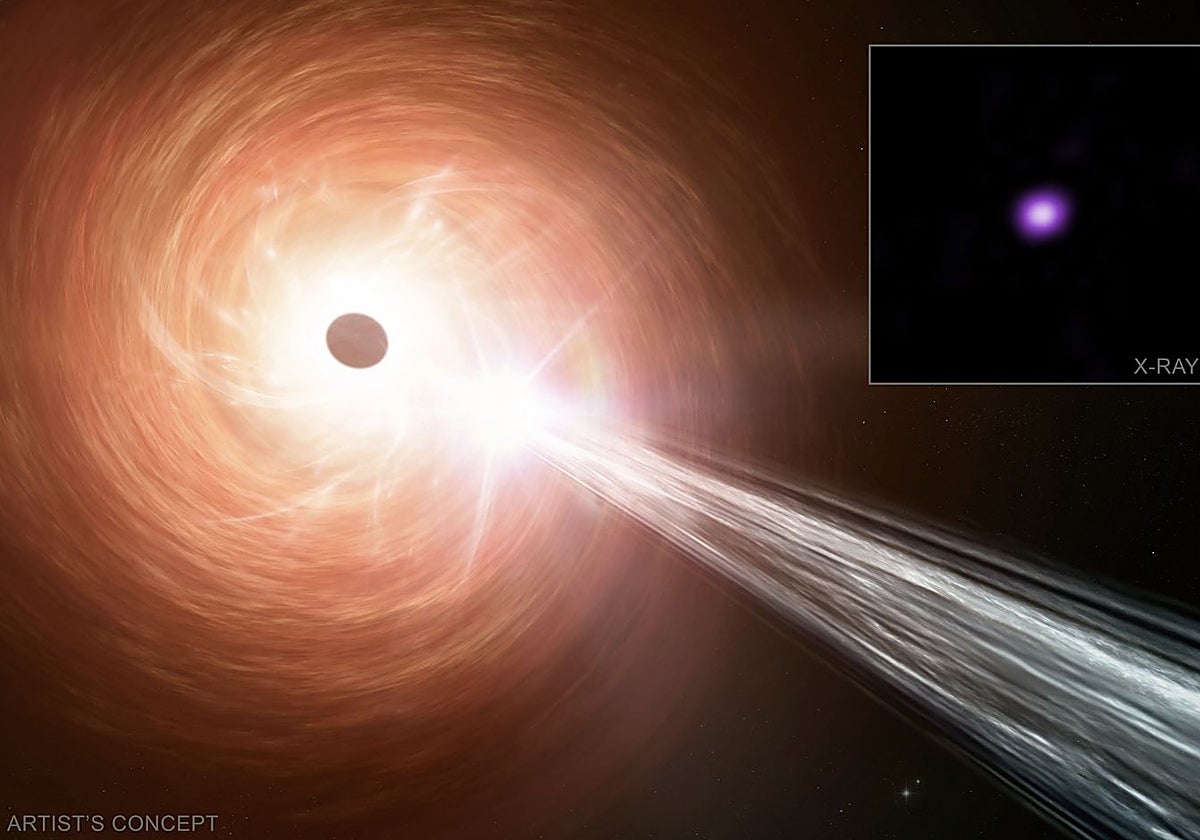 En la imagen, junto a la foto tomada por el Telescopio Espacial de Rayos X Chandra (arriba a la derecha) una ilustración del agujero negro supermasivo RACS J0320-35, a 12.800 millones de años luz de distancia, cuando el Universo era aún muy joven