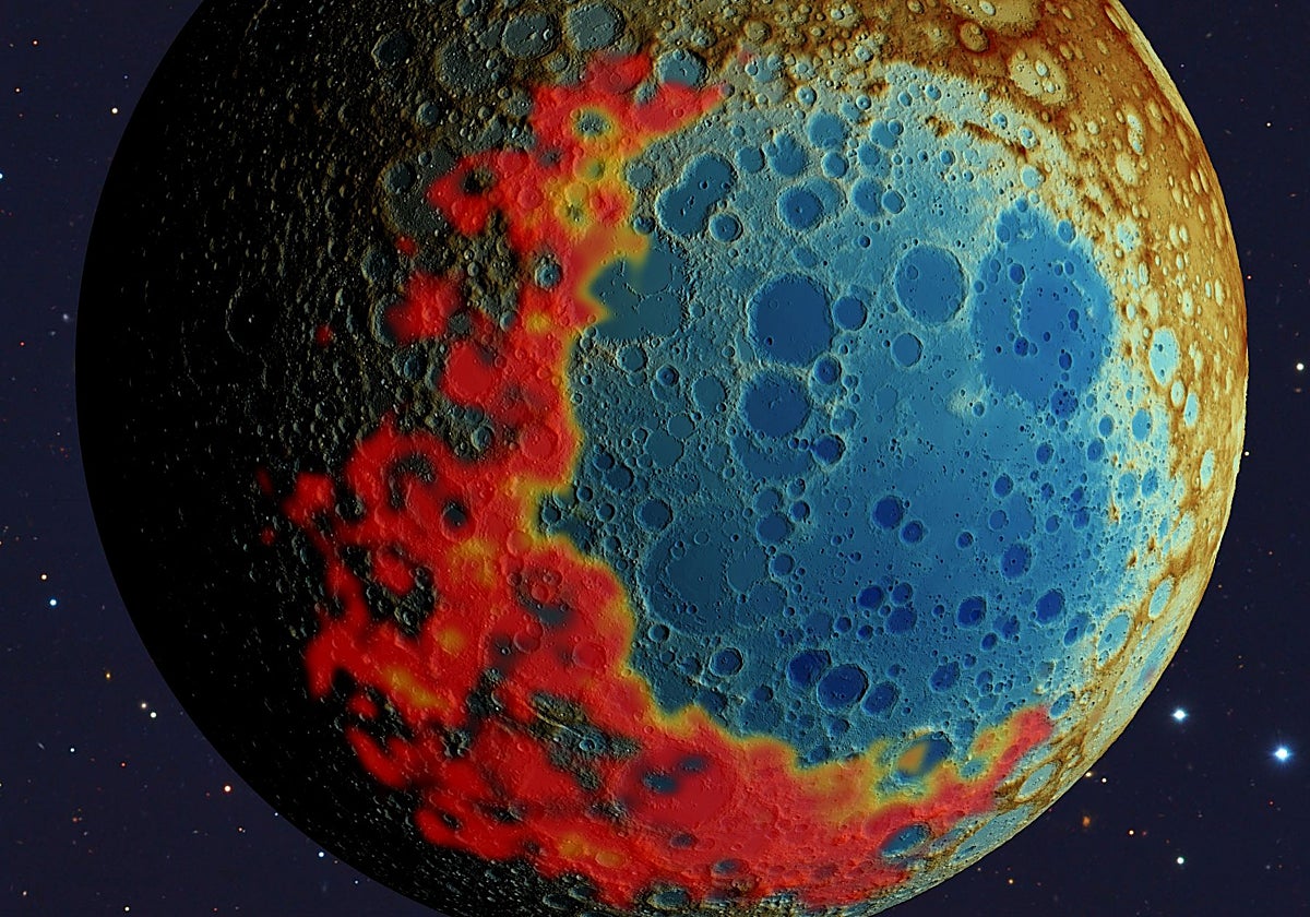 La cuenca de impacto del Polo Sur-Aitken, en el lado oculto de la Luna, se formó tras un impacto hacia el sur (hacia la parte inferior de la imagen). Los futuros astronautas de Artemis aterrizarán justo en el extremo sur de la cuenca (el borde en rojo, abajo en la imagen)