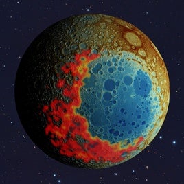 La cuenca de impacto del Polo Sur-Aitken, en el lado oculto de la Luna, se formó tras un impacto hacia el sur (hacia la parte inferior de la imagen). Los futuros astronautas de Artemis aterrizarán justo en el extremo sur de la cuenca (el borde en rojo, abajo en la imagen)