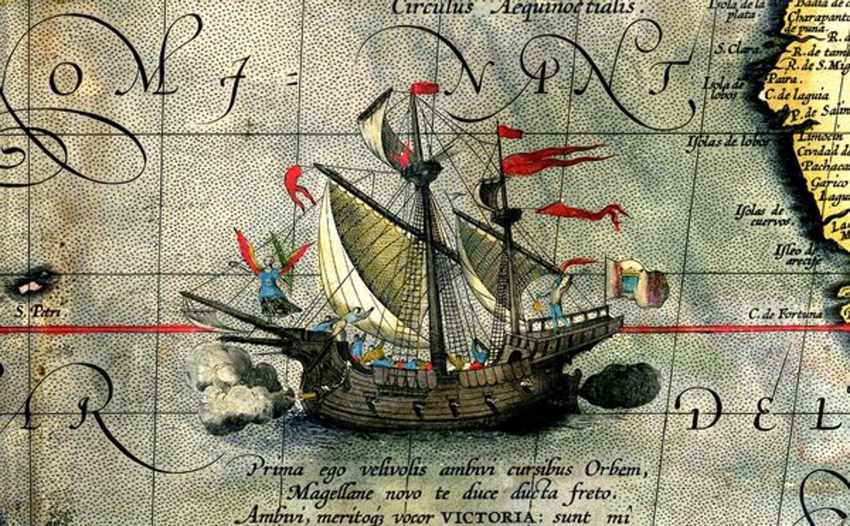 La nao Victoria en el mapa de Abraham Ortelius 'Maris Pacificis' (1589)