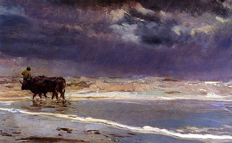 Imagen principal - Arriba, 'Día gris en la playa de Valencia' (1901), colección particular. Sobre estas líneas, de izquierda a derecha, 'María vestida de velazqueña' (1905), colección particular, y 'Retrato de Manuel Barolomé Cossío' (1908), colección particular 