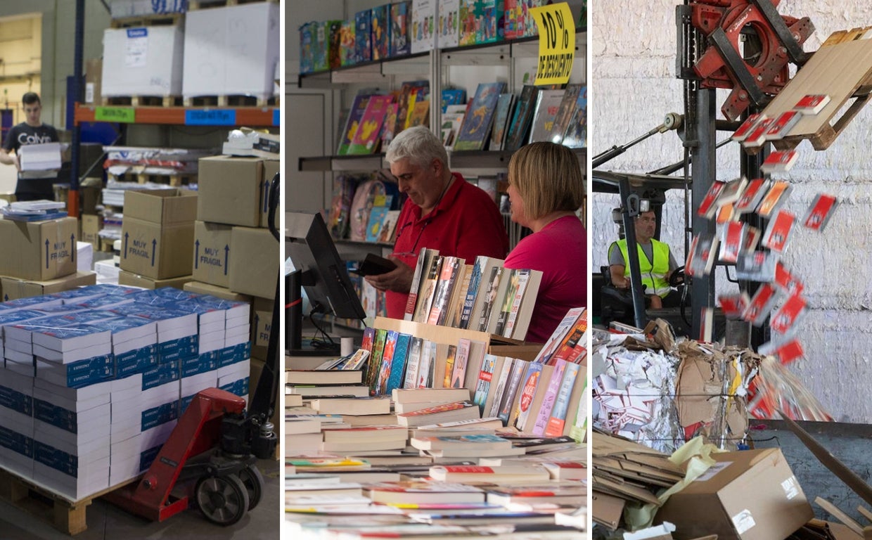 De izquierda a derecha: una imprenta, un punto de venta de los libros y, por último, una imagen de cómo se destruyen
