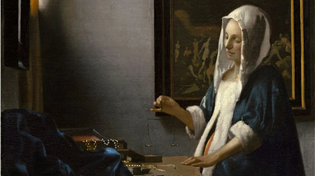 'Woman holding a balance', by Vermeer.  Detail