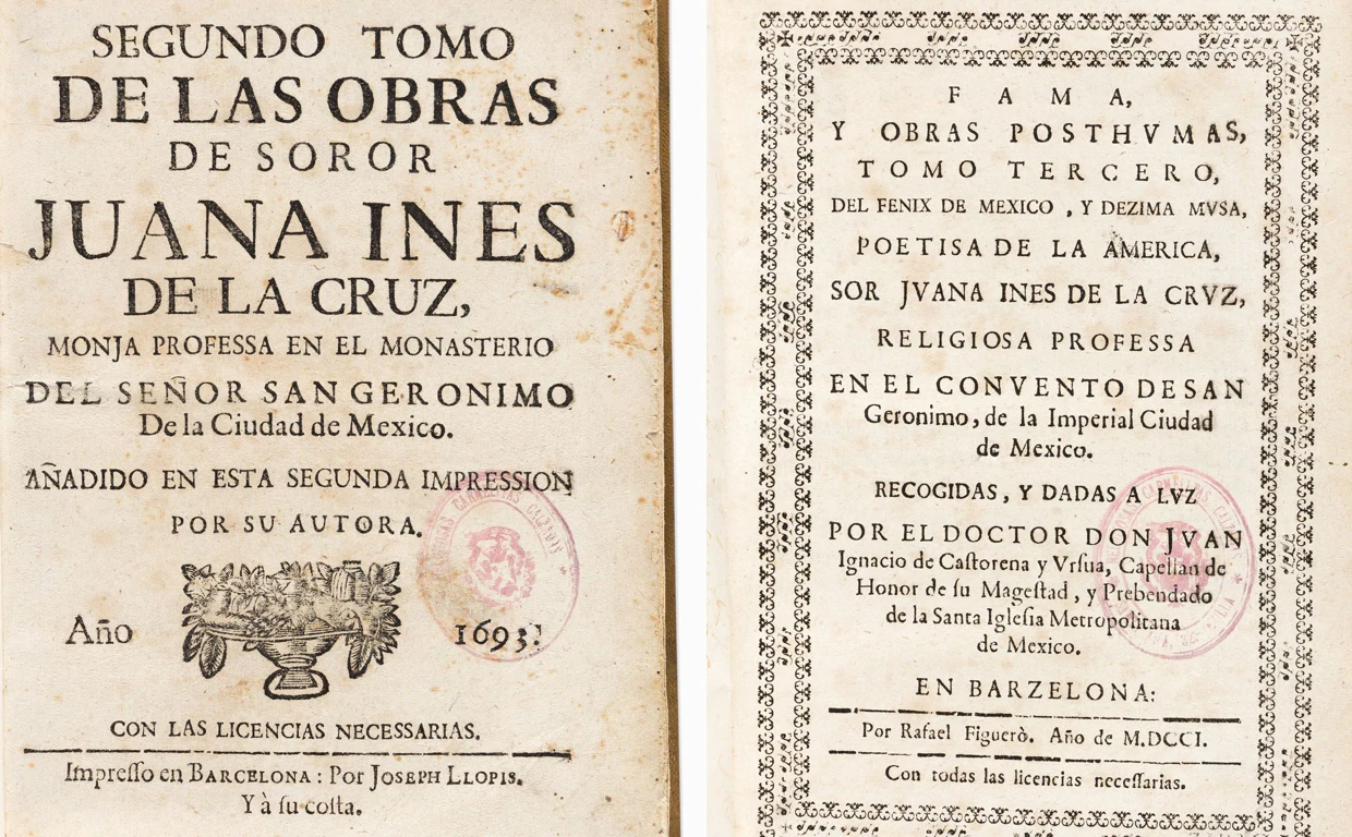 Portadas de los dos volúmenes de las obras de Sor Juana Inés de la Cruz con los sellos conventuales