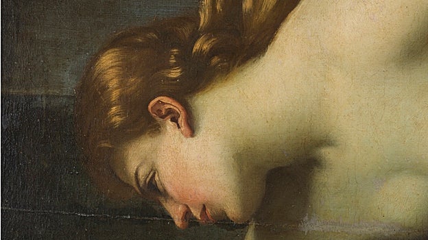 Imagen antes - Detalle del hermosísimo perfil de Atalanta pintado por Guido Reni. A la izquierda, antes de la restauración, se aprecia la fina costura que une los dos lienzos y que provocó una pérdida de pintura que ha sido restituida (a la derecha, ya restaurada)