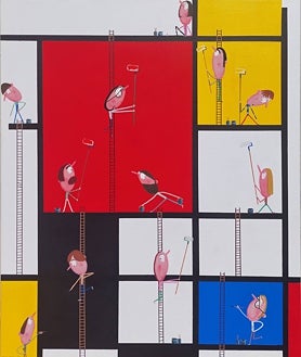 Imagen secundaria 2 - Arriba, 'Doraemon', de Zuleta. Sobre estas líneas, 'Winter', de Iván Forcadell, y 'Los asistentes de Mondrian', de Moisés Yagüe. Todas estas obras forman parte de la colectiva comisariada por Sara Zaldívar en Seúl