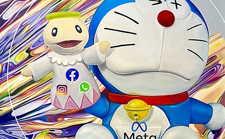 Imagen principal - Arriba, 'Doraemon', de Zuleta. Sobre estas líneas, 'Winter', de Iván Forcadell, y 'Los asistentes de Mondrian', de Moisés Yagüe. Todas estas obras forman parte de la colectiva comisariada por Sara Zaldívar en Seúl