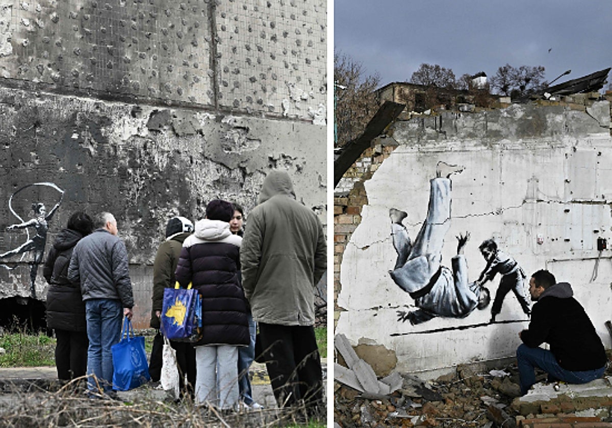 Dos de los murales aparecidos en Ucrania, una gimnasta con collarín y Vladimir Putin derrotado por un niño en un combate de judo