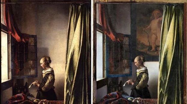 'Girl Reading a Letter', by Vermeer.  On the right, with the figure of Cupid that appeared after the restoration of the painting