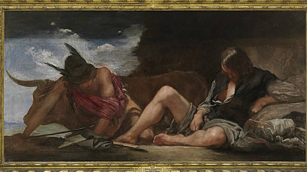 Imagen antes - A la izquierda, 'Mercurio y Argos', de Velázquez, con las bandas añadidas en el siglo XVIII (de unos 25 centímetros en su parte superior y de unos 10 centímetros en la inferior) y aún con el marco antiguo. A la derecha, las bandas añadidas quedan ocultas gracias al nuevo marco y solo vemos la pintura original del maestro sevillano