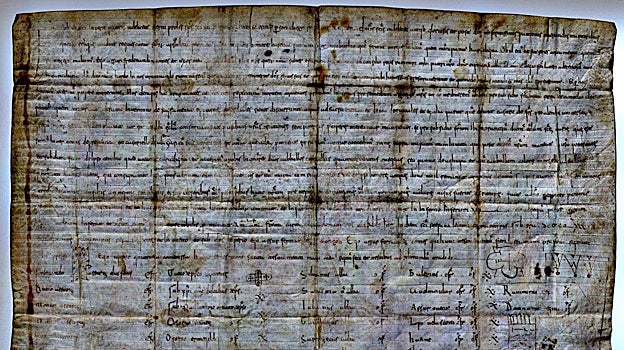 Imagen tratada del documento descubierto en el Archivo de la Nobleza, que revela su doble pautado