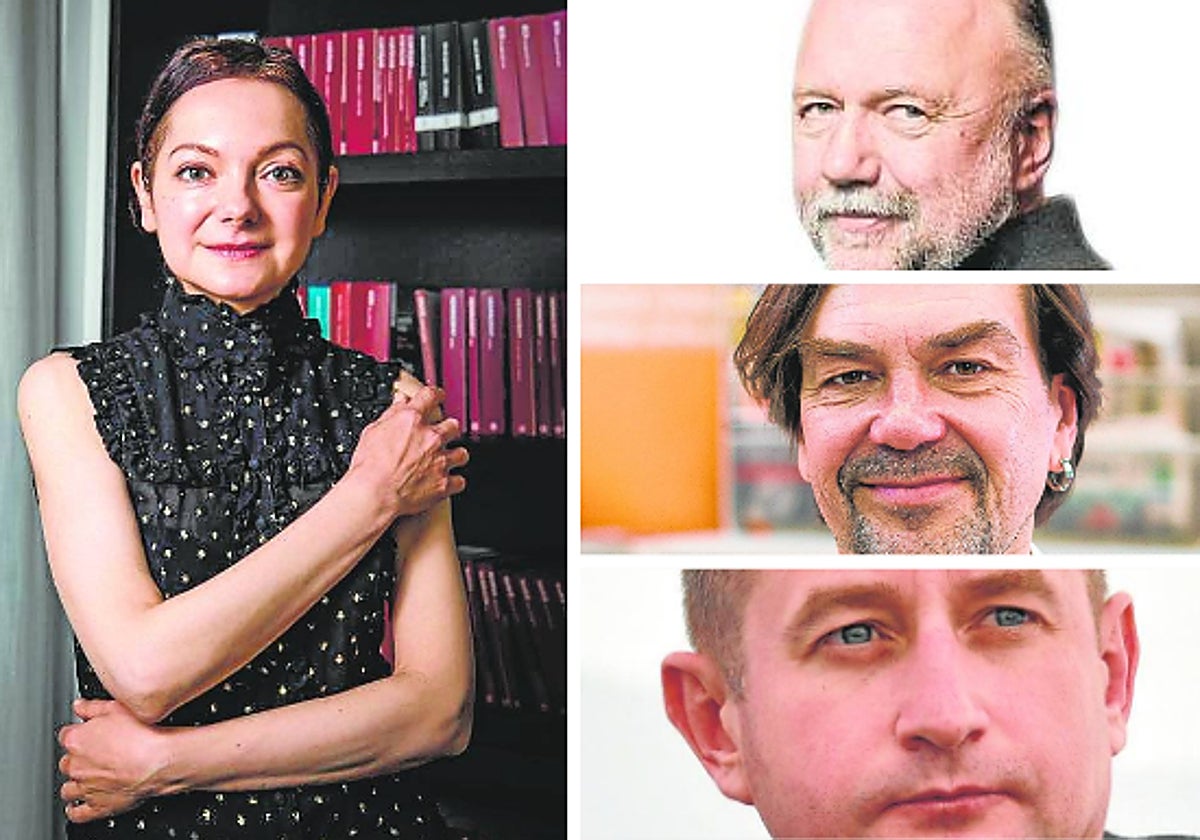 De izquierda a derecha y de arriba a abajo, Victoria Belim, Andrei Kurkov, Yuri Andrujóvich y Serhiy Zhadan