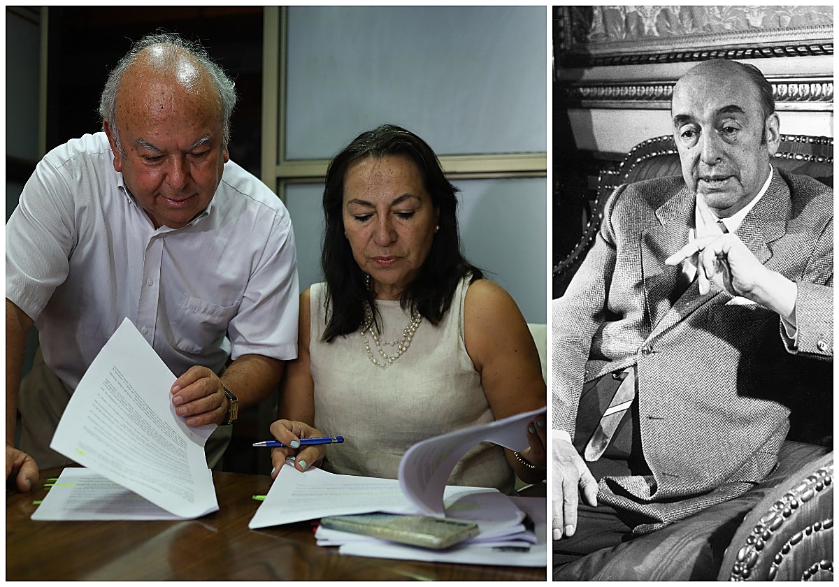 A la izquierda, Rodolfo Reyes, abogado y sobrino de Pablo Neruda, junto a Elizabeth Flores, abogada. A la derecha, el poeta en una fotografía de 1971