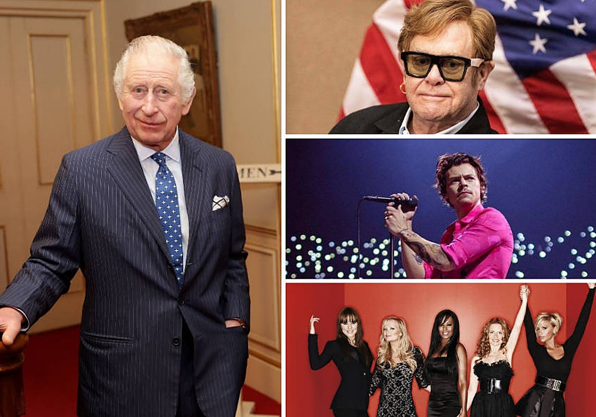 A la izquierda, el rey Carlos III de Inglaterra. De arriba a abajo, Elton John, Harry Styles y las Spice Girls