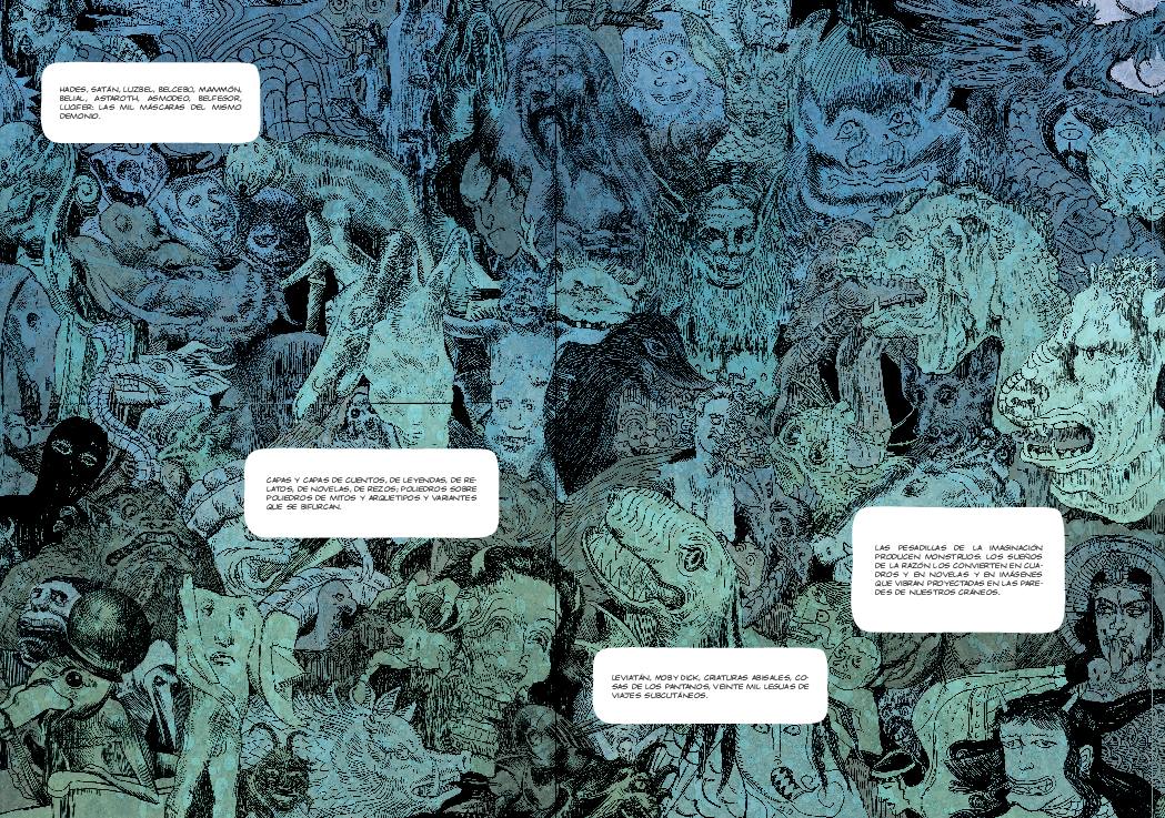 Uno de los originales más espectaculares de Sagar es el mural de casi tres metros en el que actualiza el bestiario medieval y conecta a los monstruos de Bermejo con las pesadillas contemporáneas. 