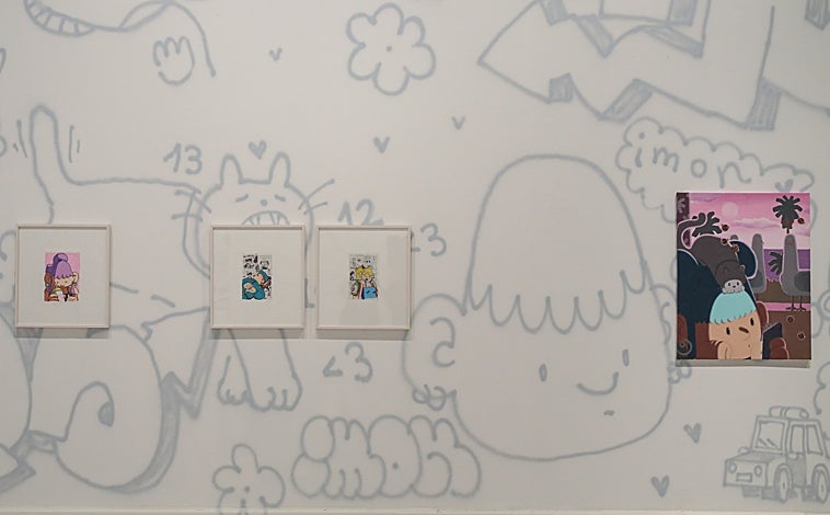 Imagen principal - Sobre estas líneas, dos de los lienzos del artista. Arriba, montaje de su propuesta en el CACMálaga