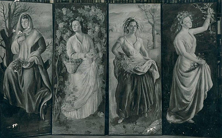 Imagen principal - Tres de las obras de Rosario de Velasco de los años 30 y 40 que busca su familia para la exposición en el Museo Thyssen. Arriba, 'Las cuatro estaciones', un biombo vendido en Madrid. Sobre estas líneas, a la izquierda, 'Gitanos. La siesta', subastado en Fernando Durán en 1999. A la derecha, 'Maternidad' (1933), vendido en la sala de subastas Castellana 150, también en 1999