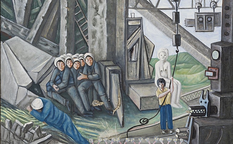 Imagen principal - Sobre estas líneas, 'Temps Moderne et Tiers Monde', de 1975. A la derecha, 'Sin título' de la  serie 'Hommage aux bâtisseurs Islamique'. Arriba, 'Desastre de la Guerra Popular Libanesa', obra de 1978