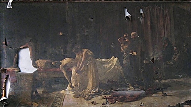 'La muerte de Lucano', de José Garnelo, estuvo años en un Instituto de Jerez en un estado lamentable. Resucitó en el 'quirófano' del Prado. En la imagen, antes de la restauración