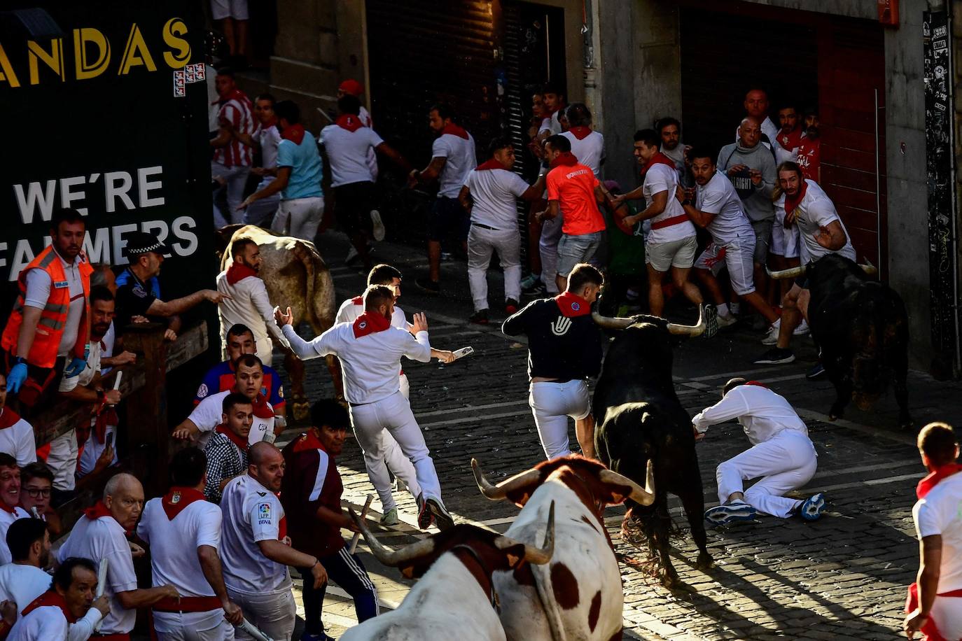 Un mozo caído durante durante la carrera protagonizada por los toros de la ganadería de Victoriano del Río