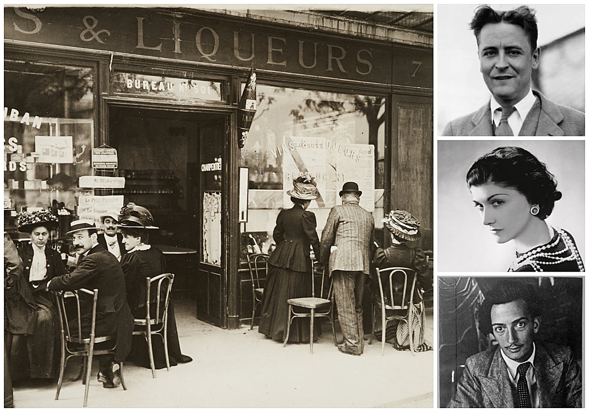 A la izquierda, un café de París en los años 20. A la derecha, de arriba abajo: Fitzgerald, Coco Chanel y Salvador Dalí