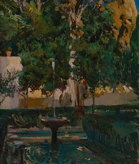 Imagen secundaria 2 - Arriba, 'Playa de Valencia', 1908. Colección Cristina Heeren Noble. Sobre estas líneas, a la izquierda, 'Niños en el mar. Playa de Valencia', 1908. Colección privada. A la derecha, 'El ciprés de la Sultana. Generalife', 1909. Colección particular