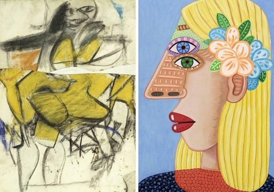 A la izquierda, 'Mujer' (1953), de Willem de Kooning. Centro Pompidou, París. A la derecha, 'Flores' (2023), de Brian Calvin. ChanWoo Son Collection