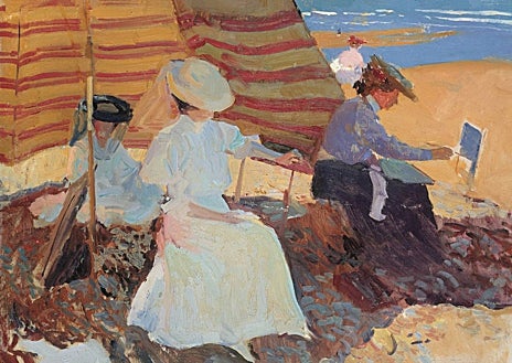 Imagen secundaria 1 - Arriba, 'Nadadora', Jávea, 1905. Sobre estas líneas, a la izquierda, 'Bajo el toldo', Biarritz, 1906. A la derecha, 'Pescadora valenciana con cestos', 1916