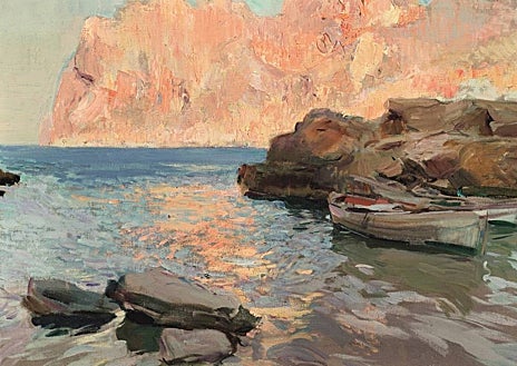 Imagen secundaria 1 - Arriba, 'Patio de Comares, Alhambra de Granada', 1917. Sobre estas líneas, a la izquierda, 'Cala de San Vicente', Mallorca_1919. A la derecha, 'Jardín del Alcázar de Sevilla', 1918